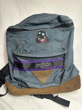 Vintage Jansport Backpack Grateful Dead Leather Bottom CUSTOM Stealie Patch Blue